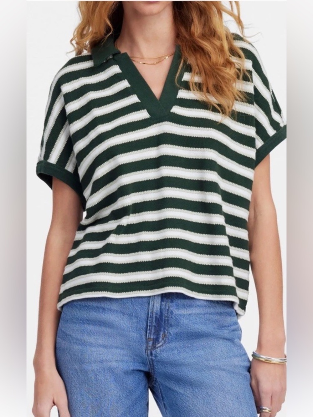 Madewell Shirt Women’s Size Small Striped Johnny Collar Tee Relaxed Polo Coastal